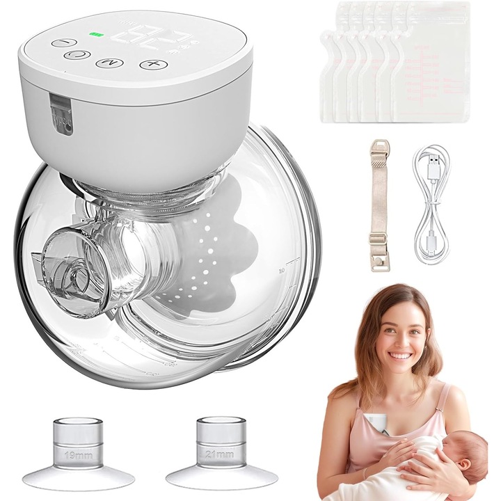 Elektromos mellszívó, állítható csattal, tömítőgyűrűvel, 3 üzemmóddal, fehér