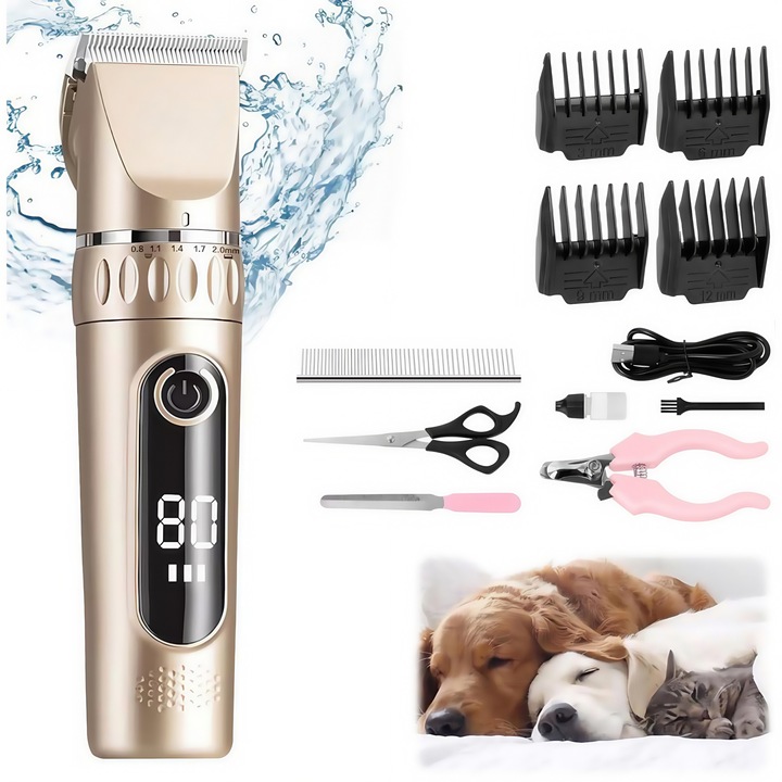 Masina de tuns pentru animale, baterie de 1500 mAh, 7000 RPM, fara fir, lame ceramice, afisaj digital, 2 setari de viteza, silentioasa, accesorii incluse