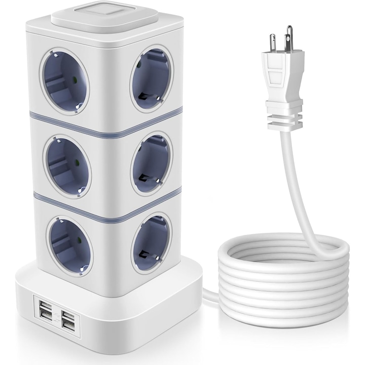 Разклонител тип кула, Бързо зареждане, 12 AC контакта, 4 USB порта, Кула с 3M дълъг кабел, 2500W, Функция за защита от пренапрежение, детска защита, антистатичен, Идеален за пътуване / дом / офис / училище, бял