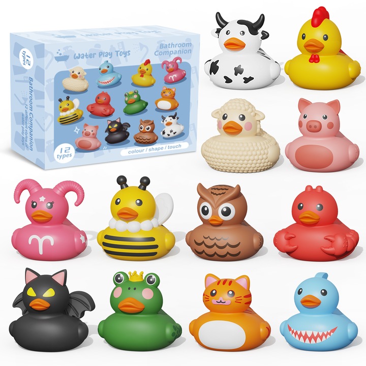 Set 12 Ratuste de Baie din Cauciuc, Fara Gauri, Design Sigur, Stropesc si Plutesc, Jucarii Distractive pentru Bebelusi, 5x5.5cm, Multicolor