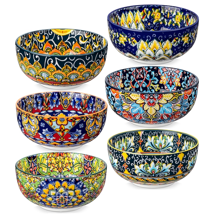 Set boluri ceramice Vancasso SIMI, 6 piese, design bohemian, rezistente la zgarieturi, 840 ml, rotunde
