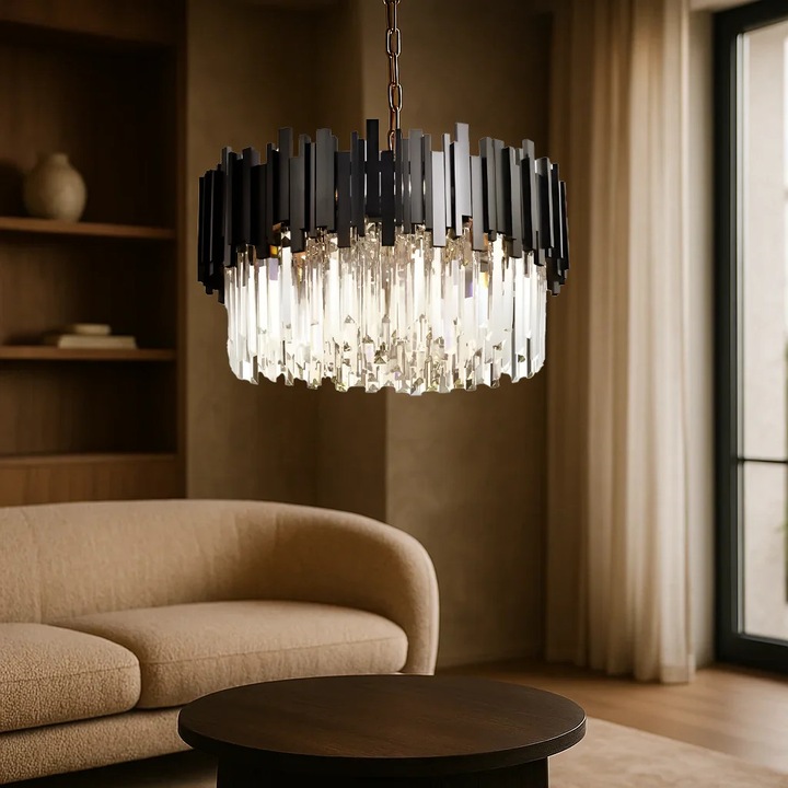 Полилей Eleganza 8xE27, Кристален, диаметър 49 см, черен, регулируема височина