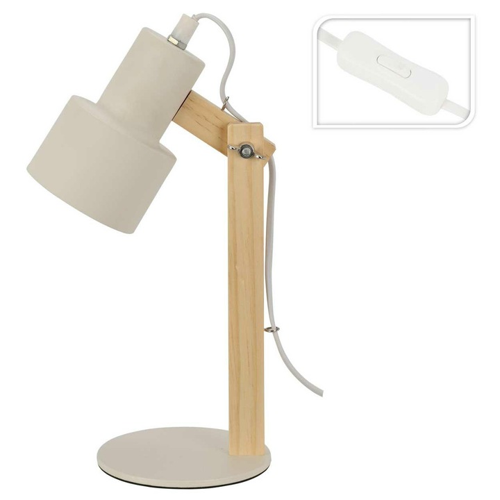 Asztali lámpa, H&S Decoration, Stílusos, Minimalista, Törtfehér fémernyő, Fenyőfa kar, E14, 25 W, 32 cm, 150 cm-es kábel, Irodába, Hálószobába és Nappaliba