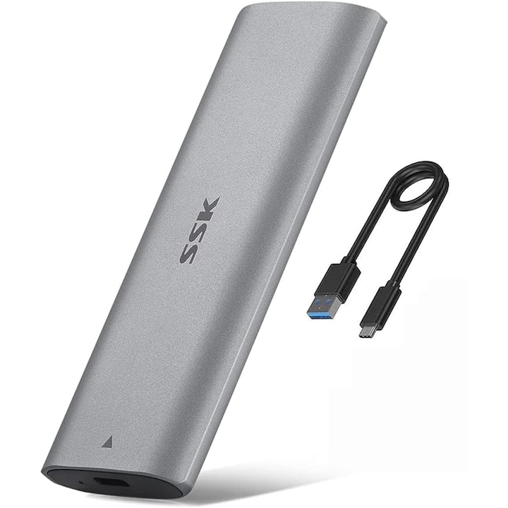 Rack Extern M2 NVME SSD Enclosure, SSK, USB 3.2 Gen2,10 Gbps, Maxim 2TB, USB/USB-C，Portabil, pentru 2230/2242/2260/2280 M.2 NVMe SSD De M-Key Sau M+B, Aluminiu, Argint