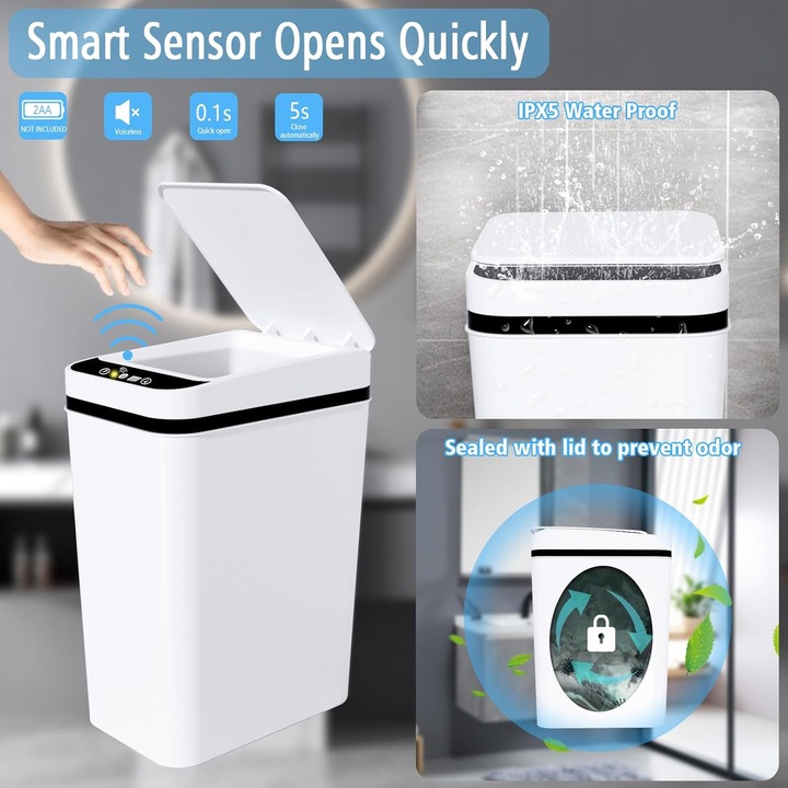 Cos de Gunoi cu Senzor, 12L, Alb, Automat fara Atingere, pentru Bucatarie Baie Birou Dormitor, Plastic ABS, Rezistent la Apa, Silentios, cu Capac