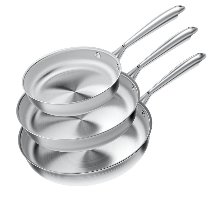 Комплект тигани COOKNANO от 3 части, неръждаема стомана без покритие, 20x26x30 см, издръжлив, лесен за почистване, дръжки от неръждаема стомана, подходящ за всички видове котлони, подходящ за съдомиялна машина.
