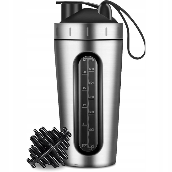 Shaker pentru proteine, Otel inoxidabil, 700ml, Sticla shaker cu bile de amestecare, Argintie