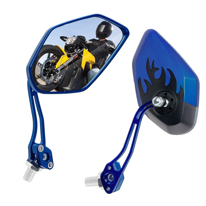 Oglinzi spate moto, Minetgnon®, Universala pentru motociclete, Ajustabile, Anti-orbire, Cu prindere universala 8/10mm, Brat metal/carcasa platic/Sticla, Lungime 24cm, Set 1 pereche, Albastru