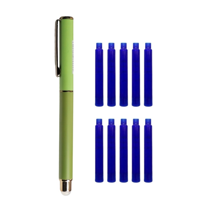 Stilou metalic cu cerneala termosensibila si penita ascunsa + Rezerve, Verde