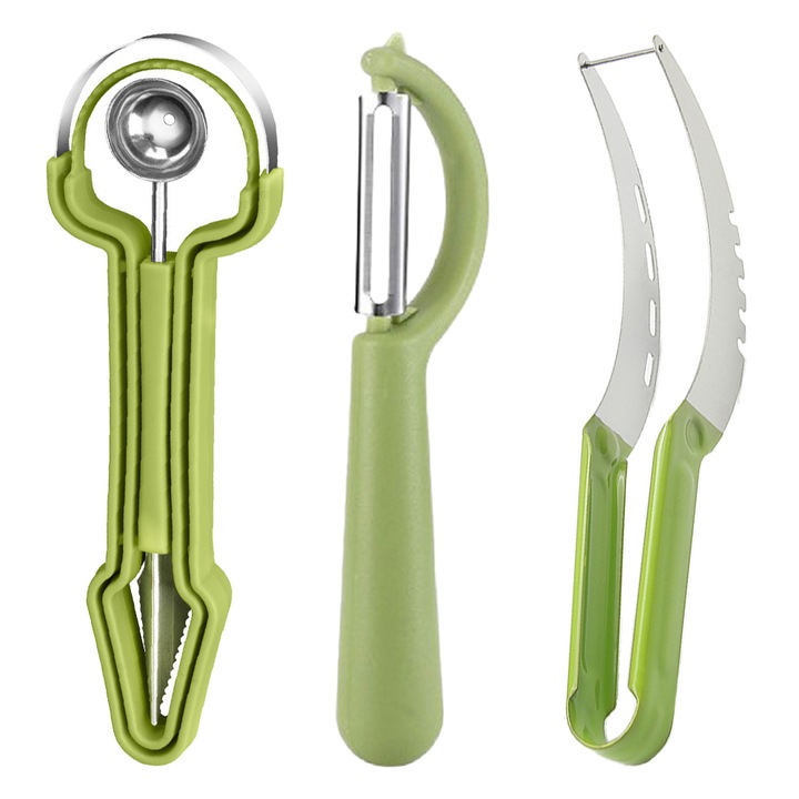 Set 4 in 1 pentru sculptat/portionat fructe, Minetgnon®, Pentru taiat si decorat fructe, Cu Taietor de pepene si Curatatoare, Design stivuibil, Maner ergonomic, Multifunctional, Inox si plastic, 21x6cm, 3 piese, Verde
