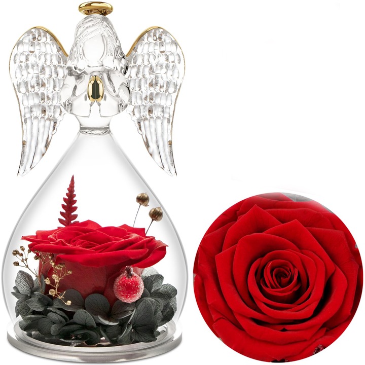 Figurine inger din sticla cu floare de trandafir conservata, MWAOWM, 3x5.2 inch, cadou pentru ocazii speciale
