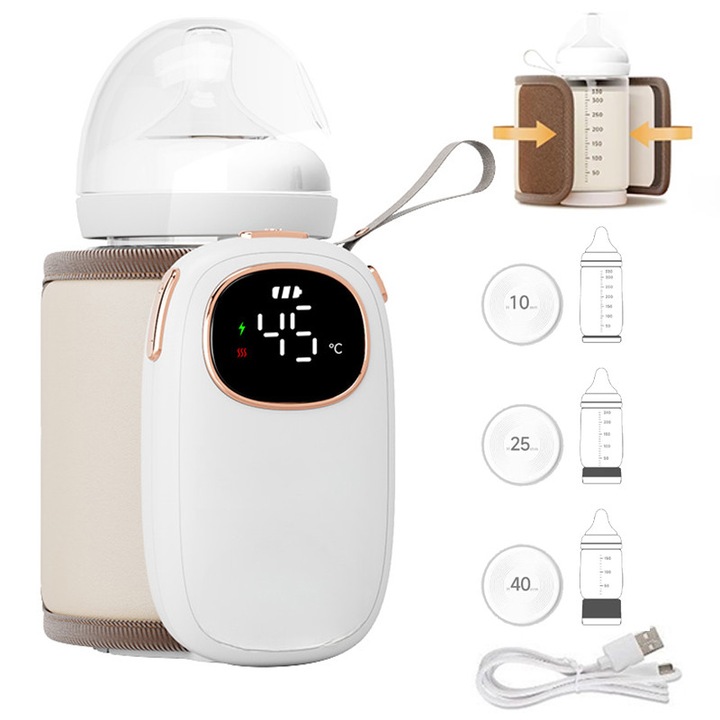 Incalzitor Biberoane Portabil, 18W, USB Type-C, Alb/Coral, 8.6x8.6x13.5cm