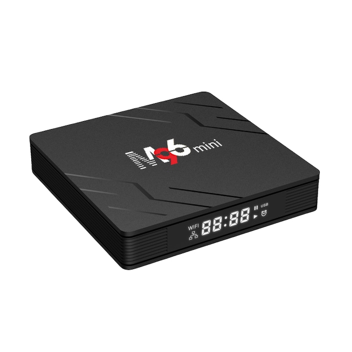 Smart TV Box, 4K UHD, Cortex-A53, Android 13.0, 2.4G/6G Dual Wi-Fi, Bluetooth, RAM 4GB+ROM 64GB, USB, HDMI, TF, AV, LAN, Negru