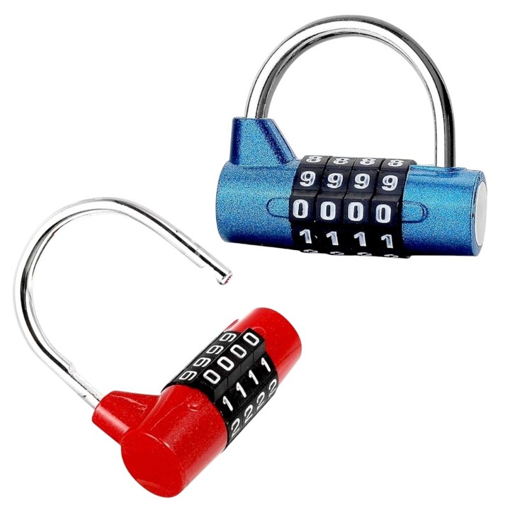 Комплект от 2 стоманени катинара, с комбинация, 10000 варианта, за чанти, шкафове и други лични вещи, за вътрешна/външна употреба, син, червен, компактен, лесен за поставяне, защита от срязване и кражба.