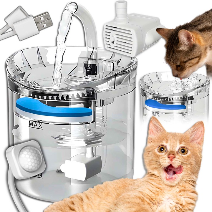 Fantana automata electrica cu functie dozator de apa, Dispenser automat pentru animale, pentru animalele de companie, Capacitate 2L, 5V, Sistem de filtrare apa in 3 straturi cu carbune activ, Transparent, 2 moduri de presiune a apei, Silentios, WF100