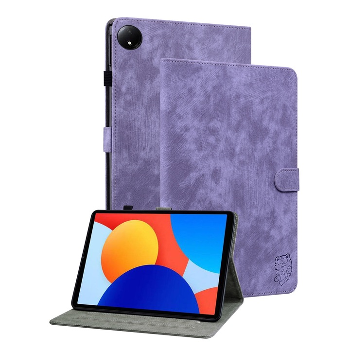 Калъф за таблет за Xiaomi Redmi Pad SE 8.7, PU кожа с тигров мотив, стил книга, лилав
