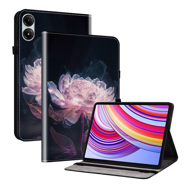 Калъф за таблет Xiaomi Redmi Pad Pro 12.1, текстурирана боядисана кожа, лилав мотив с божур