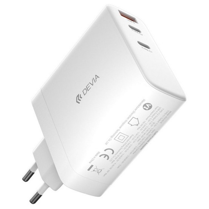 Devia extreme hálózati töltő usb+2 type-c aljzat, 140w, gan, pd gyorstöltő, fehér