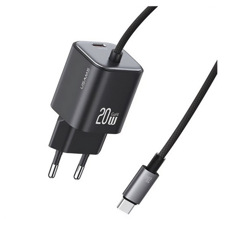 Usams jc mini hálózati töltő type-c aljzat, 20w, pd gyorstöltő, gan + fix type-c kábel, fekete