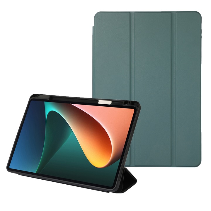 Husa tableta pentru Xiaomi Pad 5, piele PU, tip carte, inchidere magnetica, verde inchis