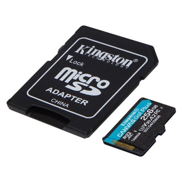 Kingston memóriakártya 256gb, microsdxc canvas go plus - class 10, uhs-1, u3, v30, a2, + sd adapter