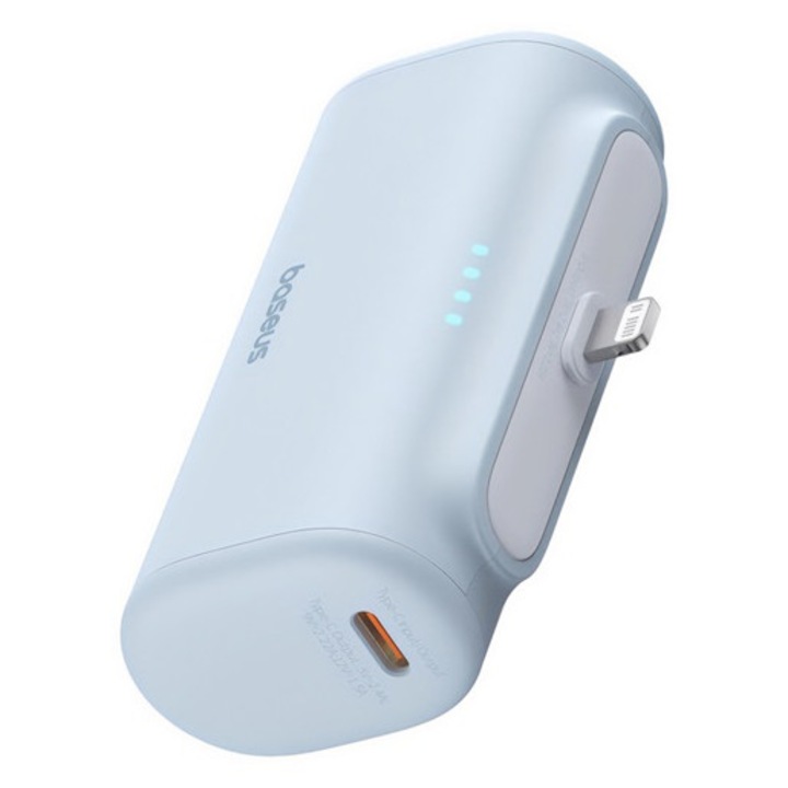 Baseus compact os vésztöltő type-c aljzat, 5000mah, 20w, pd gyorstöltő, lightning csatlakozó + type-c kábel, világoskék