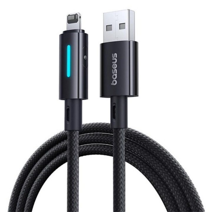 Cablu de date Baseus, USB - Lightning, 2.4A, încărcare rapidă PD, 100cm, tip șiret, anti-rupere, afișaj LED, negru, compatibil cu: Apple iPod touch 5 / iPhone 5S / iPad mini 2