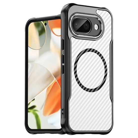 Husa de silicon Gigapack pentru telefon mobil, rezistență la șocuri, colțuri cu pernă de aer, protecție cameră, model carbon, Magsafe, negru, compatibil: Google Pixel 9a