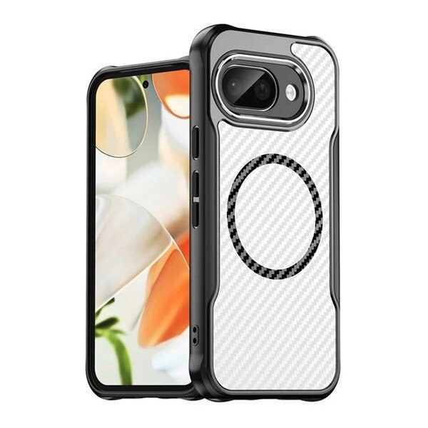 Husa de silicon Gigapack pentru telefon mobil, rezistență la șocuri, colțuri cu pernă de aer, protecție cameră, model carbon, Magsafe, negru, compatibil: Google Pixel 9a