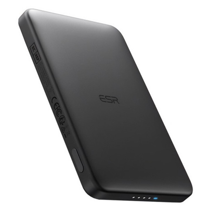 Esr qi2 magslim vésztöltő type-c aljzat, 5000mah, 15w, pd gyorstöltő 3.0, magsafe, led jelzés, fekete