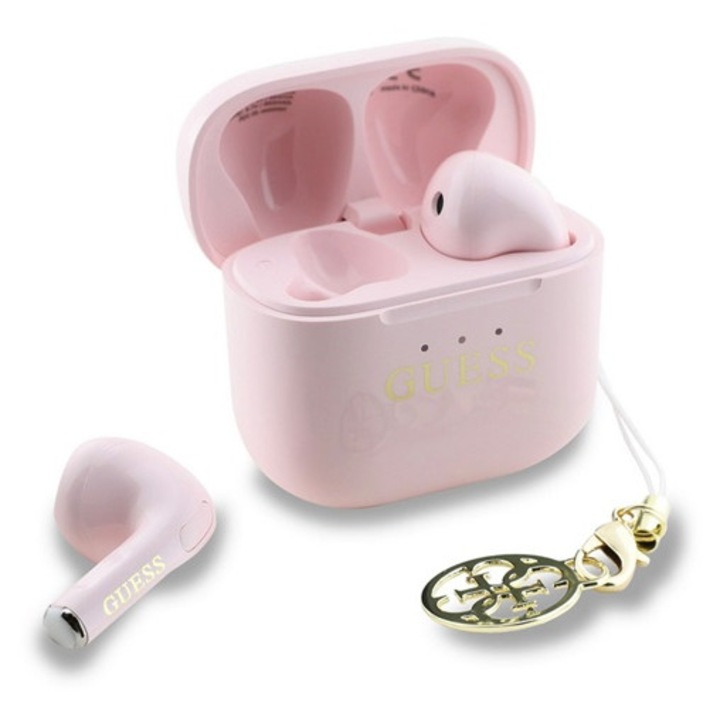 Guess classic logo charm bluetooth fülhallgató sztereo, v5.4, tws, mikrofon + töltőtok, rózsaszín