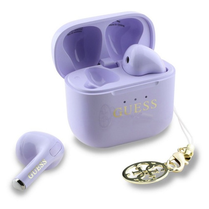 Guess classic logo charm bluetooth fülhallgató sztereo, v5.4, tws, mikrofon + töltőtok, lila