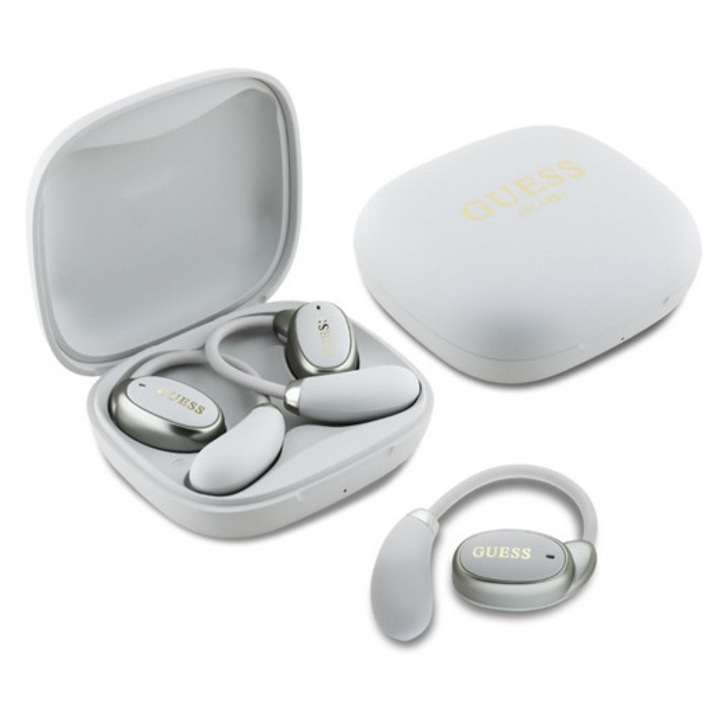Guess satin classic logo bluetooth fülhallgató sztereo, v5.4, tws, fülre akasztható, mikrofon + töltőtok, bézs