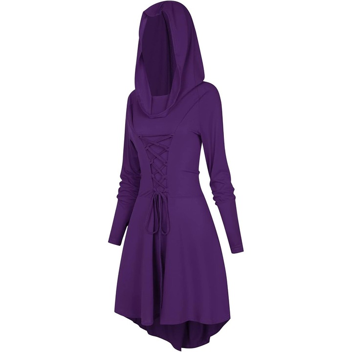 Rochie din poliester cu gluga, stil gotic medieval/renascent, siret frontal, maneci lungi, tiv asimetric, violet