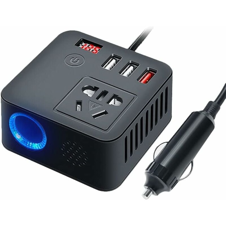 Autós töltő 150W, DC 12V/24V - AC 110V/220V, 3 USB gyorstöltő port, fekete