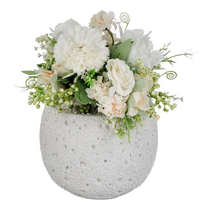 Ghiveci Decorativ din Ciment Alb cu Floare Artificiala Somon Ø15x22cm