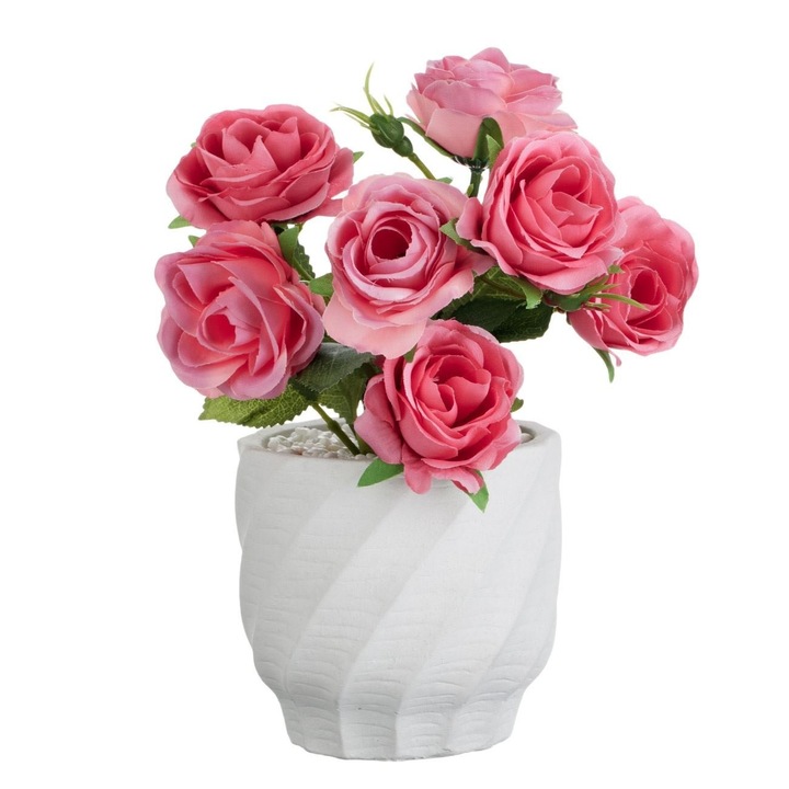 Ghiveci Decorativ din Ciment Alb cu Planta Artificiala Trandafir Roz Ø11x22cm