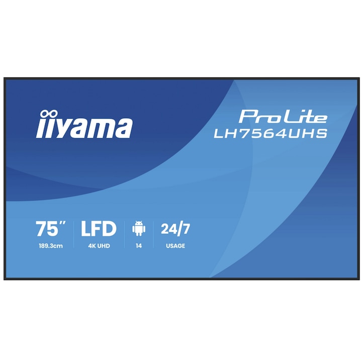 iiyama ProLite 75" IPS LED professzionális kijelző LH7564UHS-B1AG, Ultra HD 3840 x 2160, HDMI, fekete hangszórók