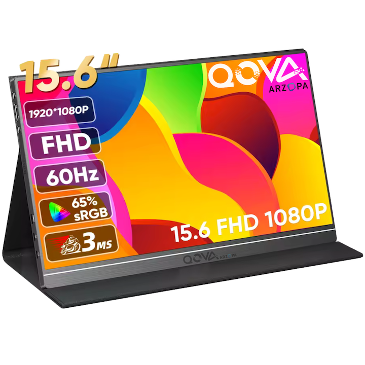 Hordozható Monitor Arzopa & Qova® 15 "6" – IPS FHD 1080p, USB-C & HDMI, HDR, 300 nit fényerő, duál hangszóró, szemvédelem, ultravékony 9 mm, fémházzal, kompatibilis laptopokkal/telefonokkal/PS5/Xbox, mágneses tok mellékelve, S1 – fekete