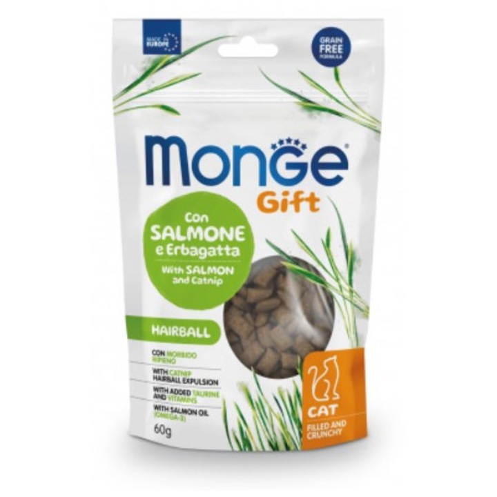 Gustari Monge Gift pentru pisici adulte cu somon si iarba pisicii, 60g