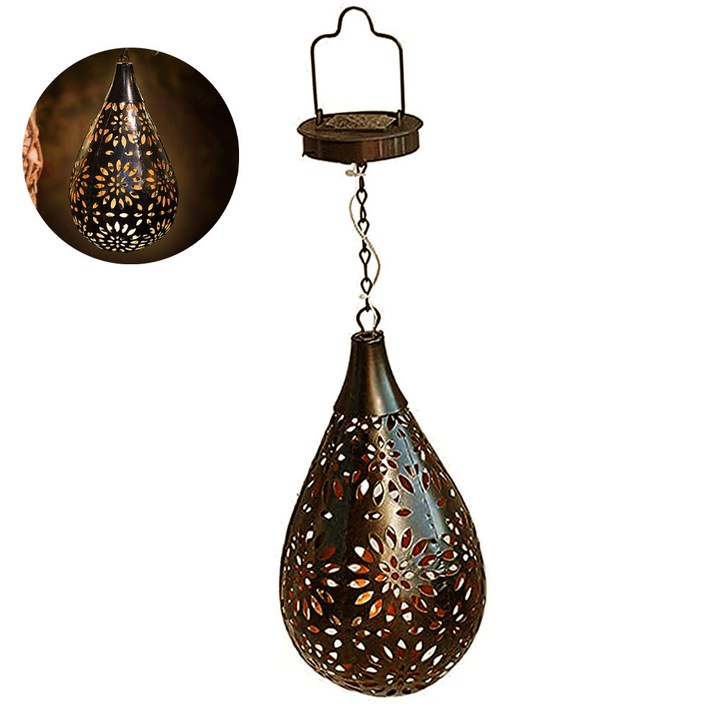 Felinar solar pentru exterior, decoratiuni de gradina, lumina solara suspendata, lampa metalica pentru terasa sau balcon, iluminare LED impermeabila pentru alei exterioare (cupru)