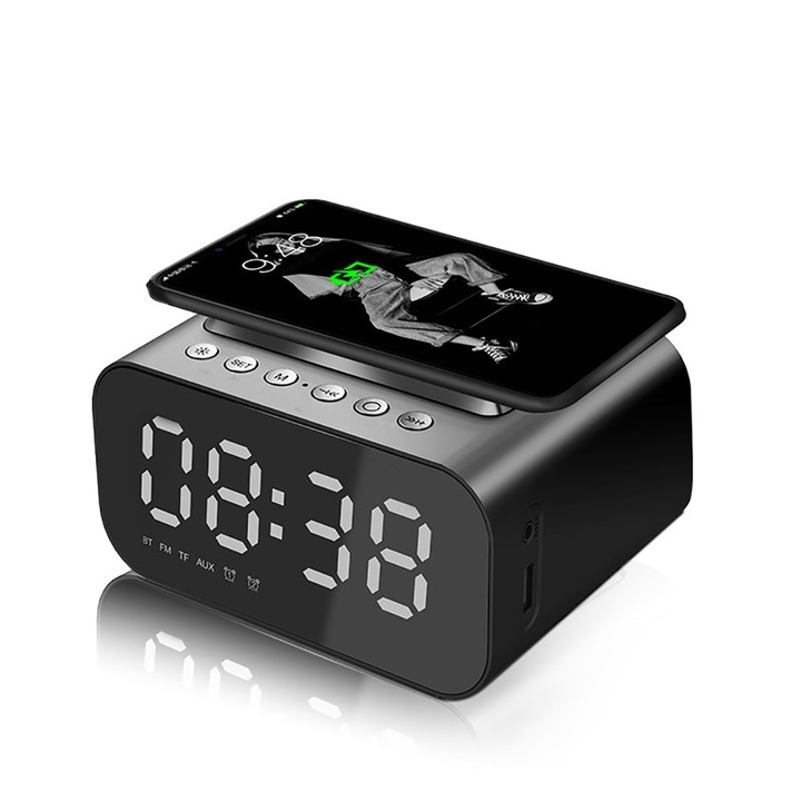 Ceas desteptator digital Herusi cu radio, incarcare wireless, difuzor Bluetooth, USB, afisaj LED reglabil, gri