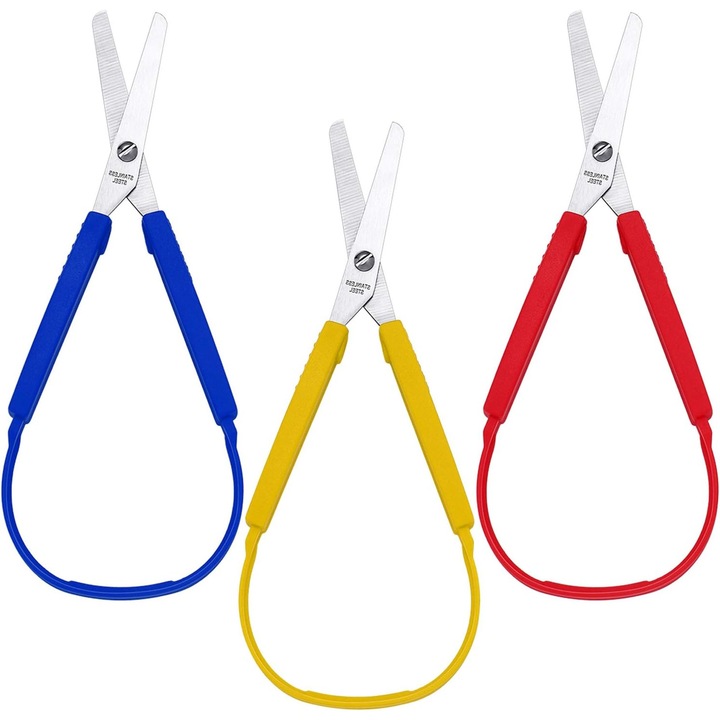 Foarfeca cu maner in bucla ZYBLSSBB LSM2XH1278-JQWJ432, auto-deschidere, lame din otel inoxidabil cu varf rotunjit, pentru copii si persoane cu nevoi speciale, multicolor, 19 cm, set 3 buc.