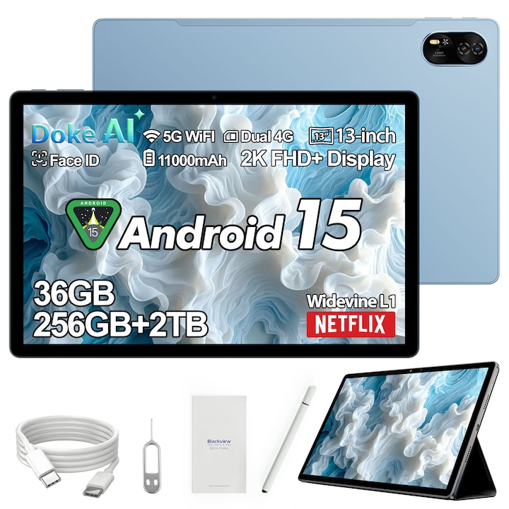 Таблет Blackview MEGA 8, 13" FHD+ екран, 90Hz, Ai Android 15, 36GB+256GB (TF 2TB), 5G, Octa-Core, 11000mAh, 50+13MP, Face ID/BT 5.0/GPS, син