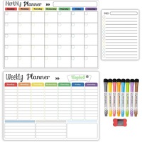 Set de 3 planificatoare magnetice HaploS® pentru frigider, Panouri zilnice, saptamanale si lunare, 8 markeri si Stergator cu burete, Dimensiune 42x30 cm, Cu magneti puternici, usor de curatat, Alb