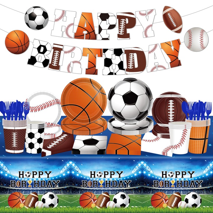 Set petrecere sportiva 162pcs, farfurii si servetele, fotbal, baschet, baseball, pentru 20 de invitati