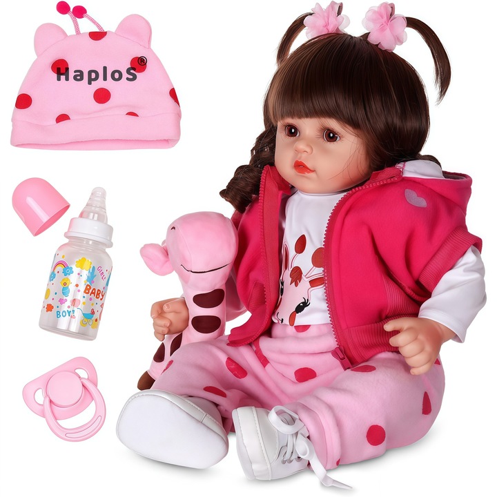 Бебешка кукла HaploS®, 48 см, силиконова глава и крайници, памучно тяло, многоцветна