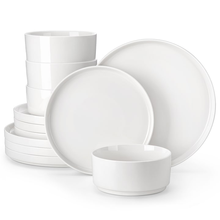 Set de vase, ceramica, Malacasa, 12 piese, pentru 4 persoane, alb crem, farfurii si boluri