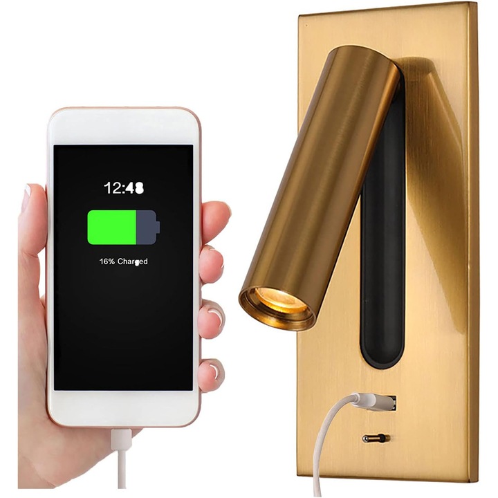 Lampa de citit LED cu intrerupator ascuns, lampa de noptiera incastrata in perete cu USB, lampa de citit, aplice de perete, reglabila la 350° si 90°, pliabila, alama, lumina calda 3000K