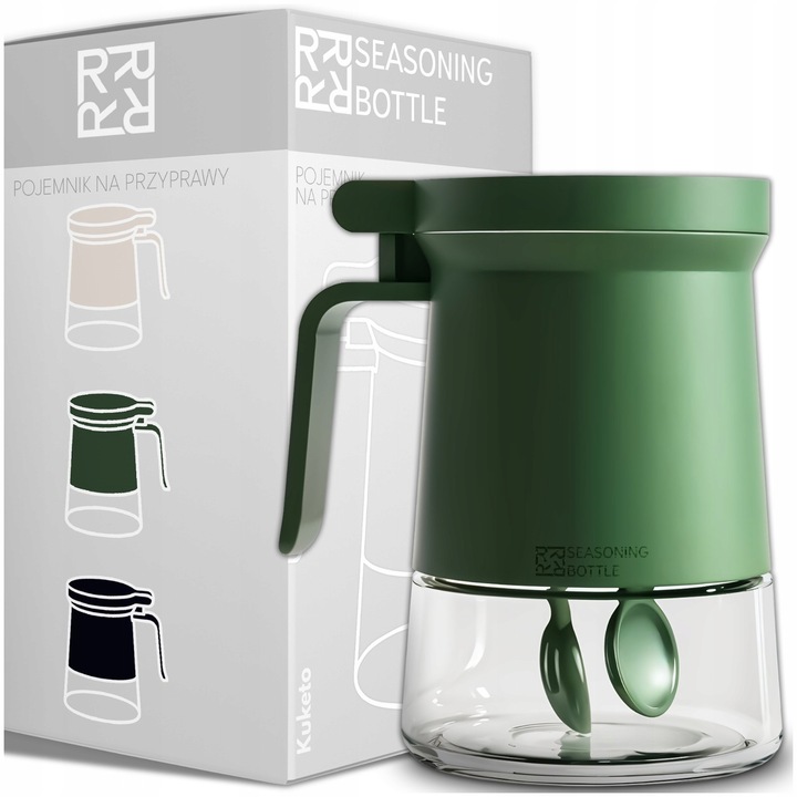 Set recipient condimente, Kuketo, sticla de 350 ml cu 2 lingurite incluse, capac etans anti-umiditate si maner ergonomic, pastreaza prospetimea aromelor, design modern multicolor, usor de curatat